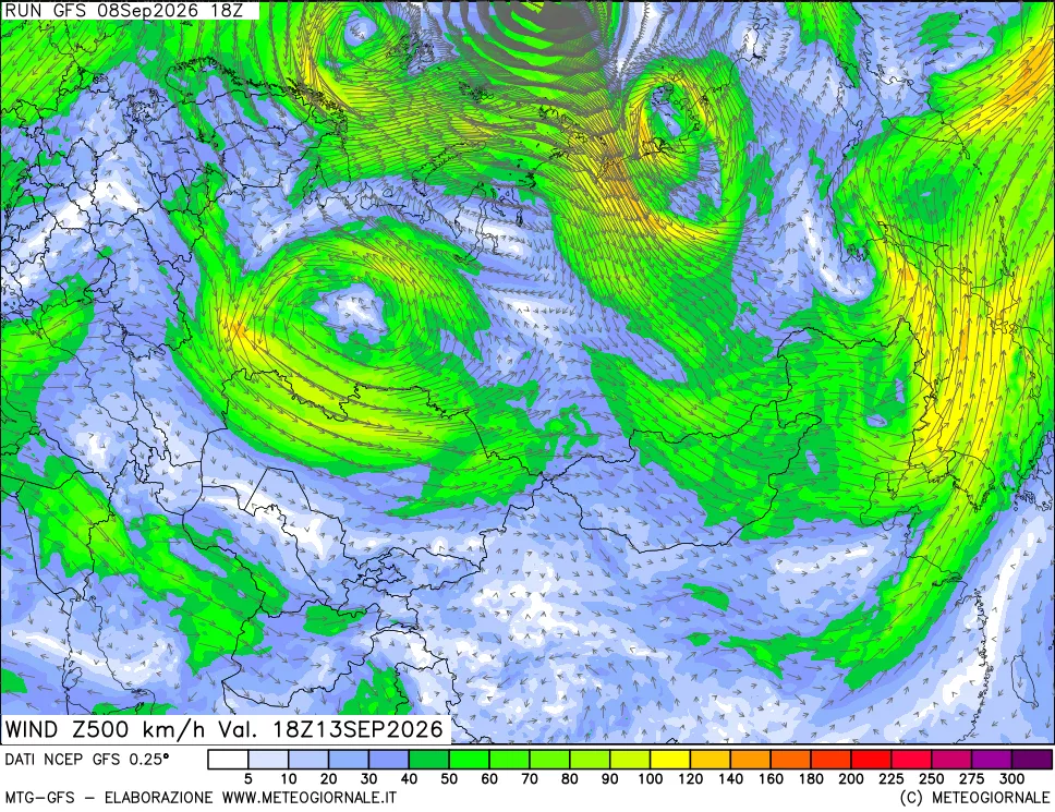 mappa 500 hPa Vento forza e direzione