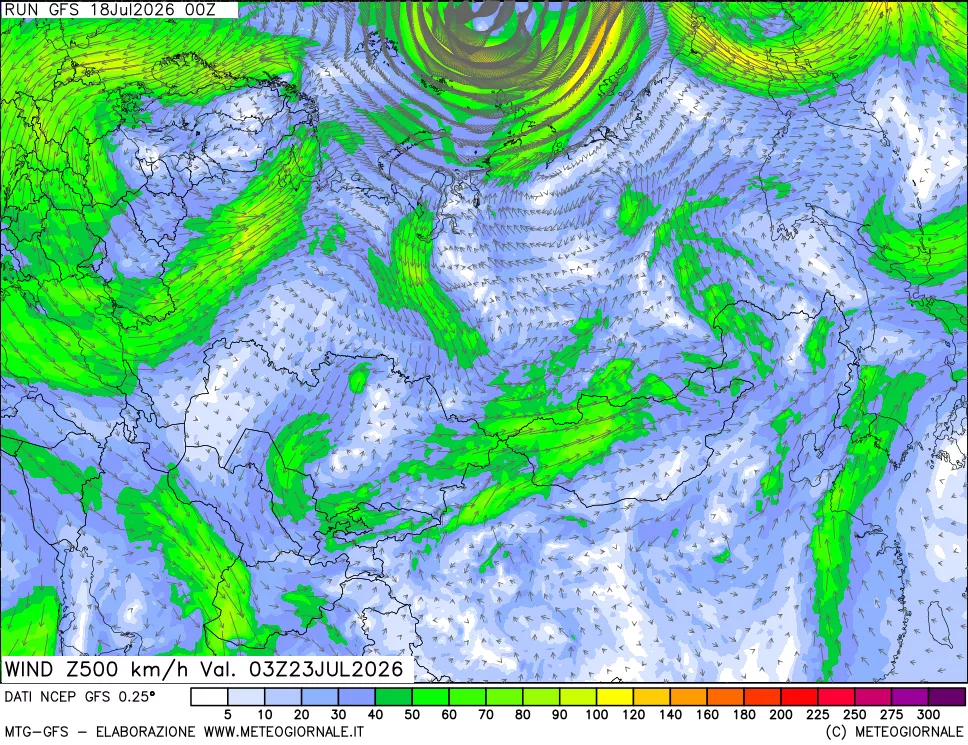 mappa 500 hPa Vento forza e direzione