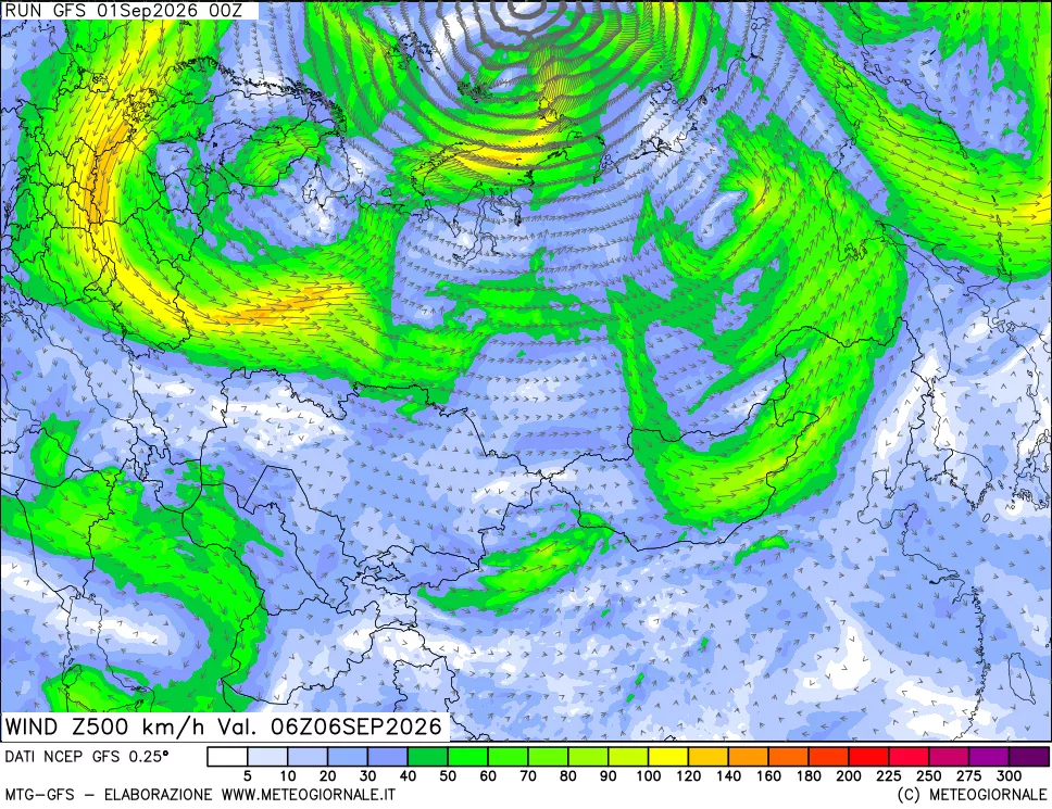 mappa 500 hPa Vento forza e direzione