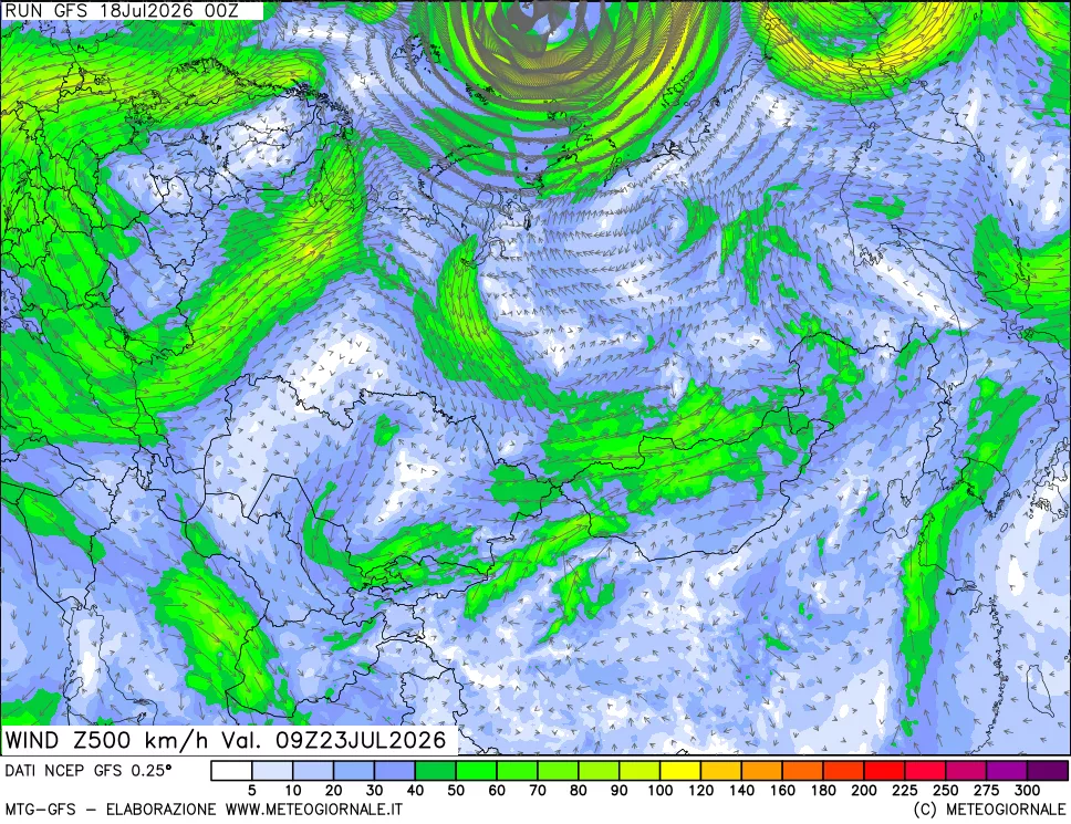 mappa 500 hPa Vento forza e direzione