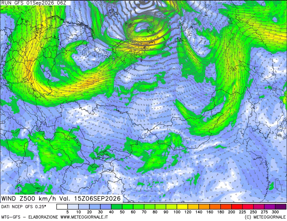 mappa 500 hPa Vento forza e direzione