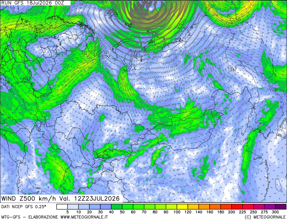 mappa 500 hPa Vento forza e direzione