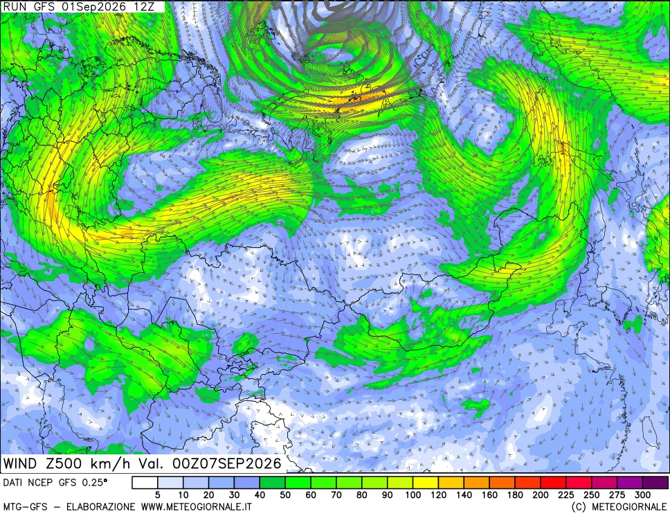 mappa 500 hPa Vento forza e direzione