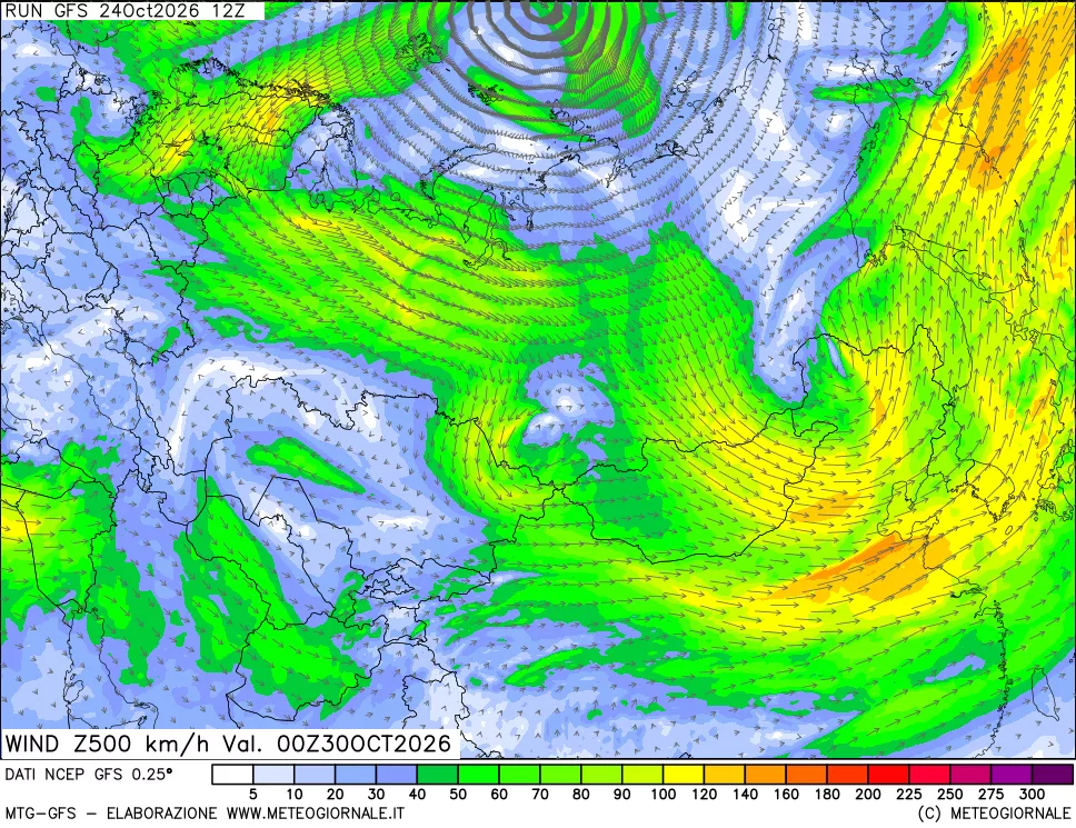 mappa 500 hPa Vento forza e direzione