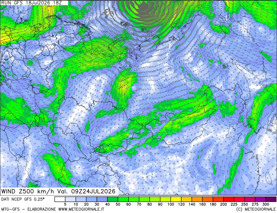 mappa 500 hPa Vento forza e direzione