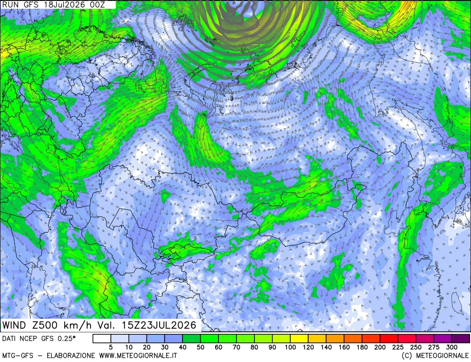 mappa 500 hPa Vento forza e direzione