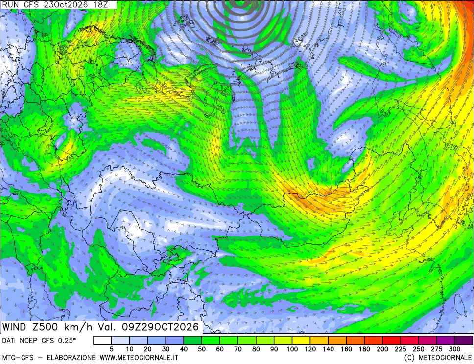 mappa 500 hPa Vento forza e direzione