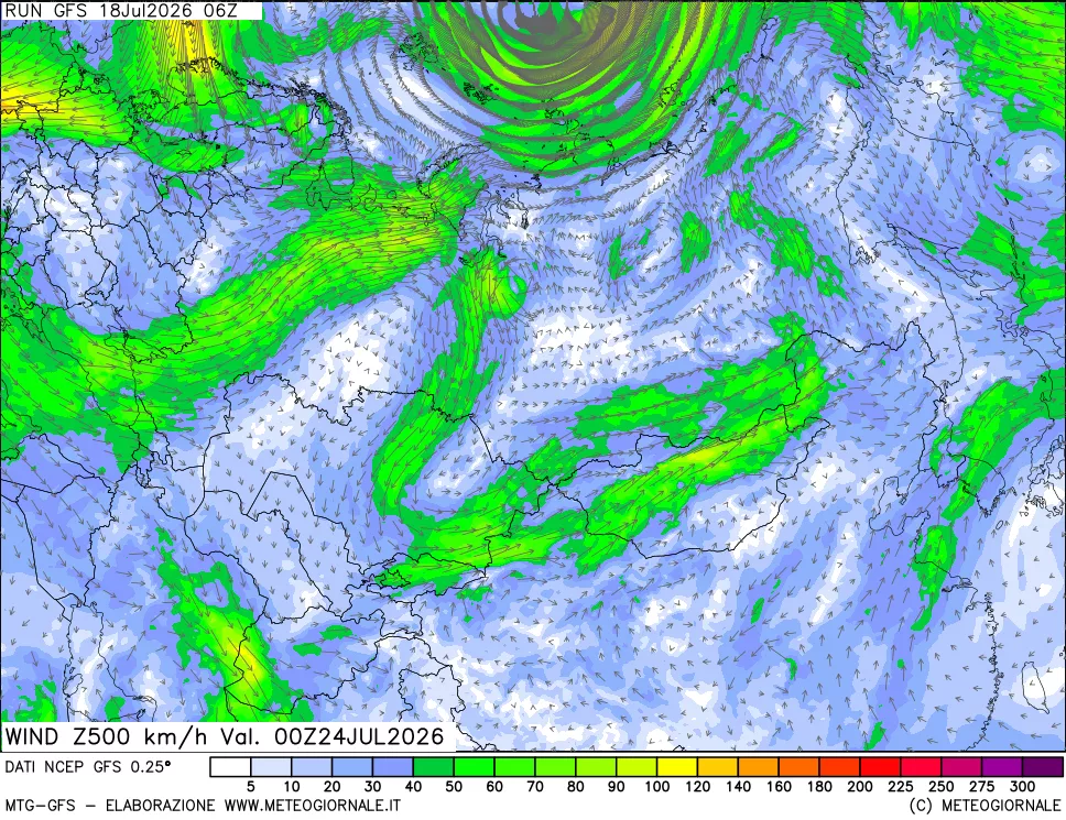 mappa 500 hPa Vento forza e direzione