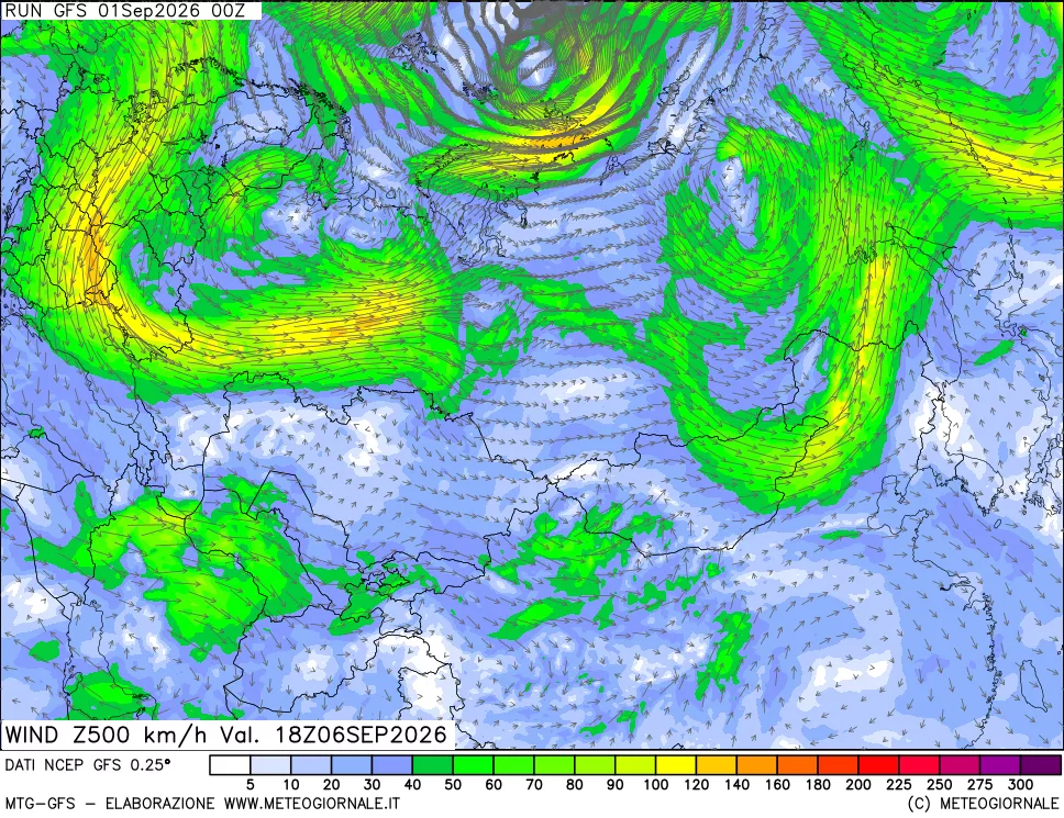 mappa 500 hPa Vento forza e direzione