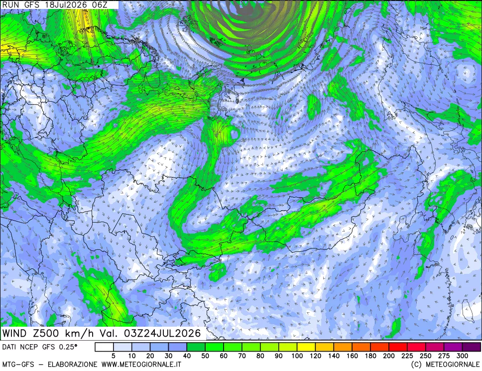 mappa 500 hPa Vento forza e direzione