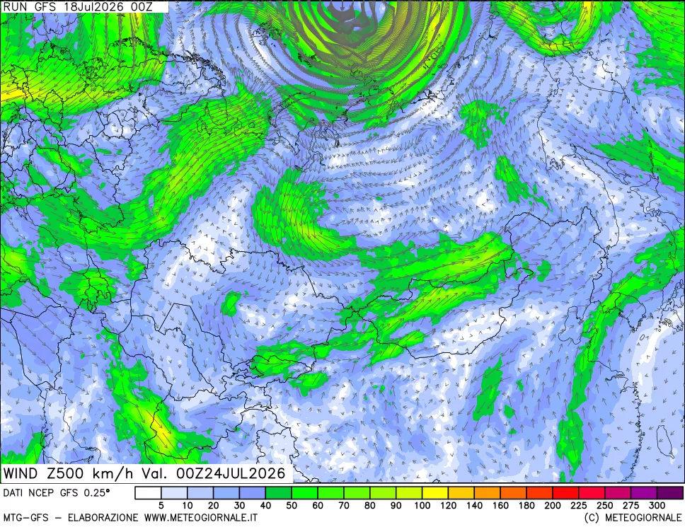 mappa 500 hPa Vento forza e direzione
