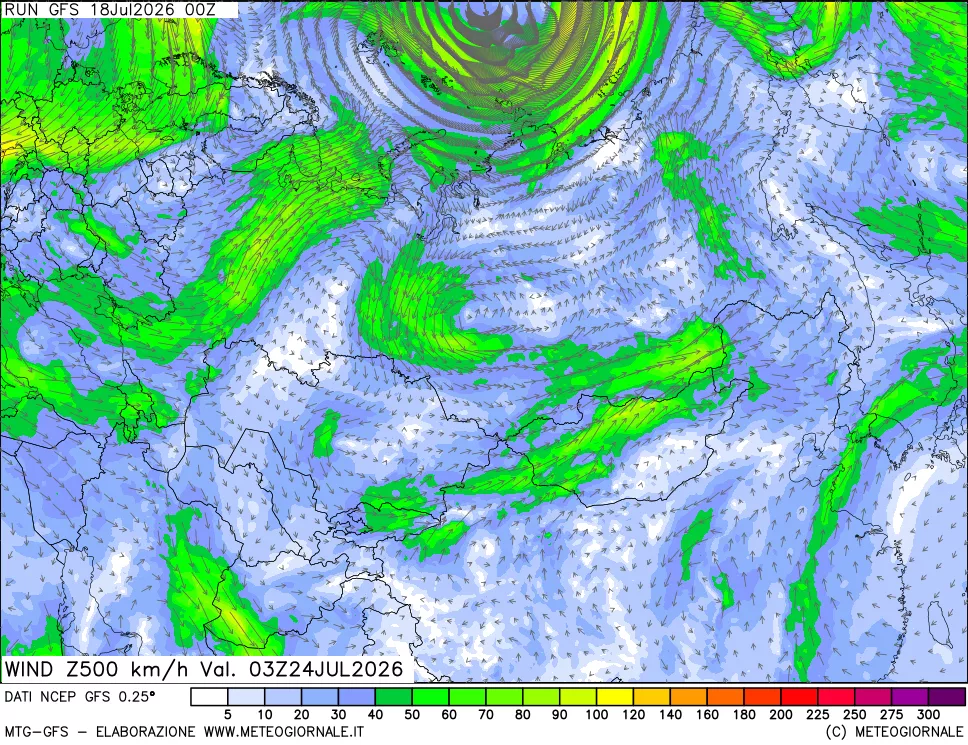 mappa 500 hPa Vento forza e direzione