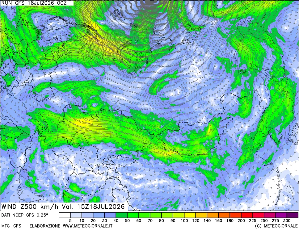 mappa 500 hPa Vento forza e direzione