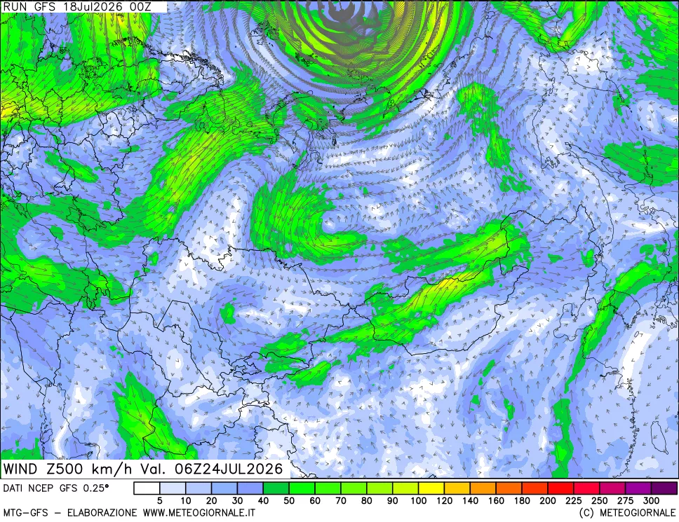 mappa 500 hPa Vento forza e direzione