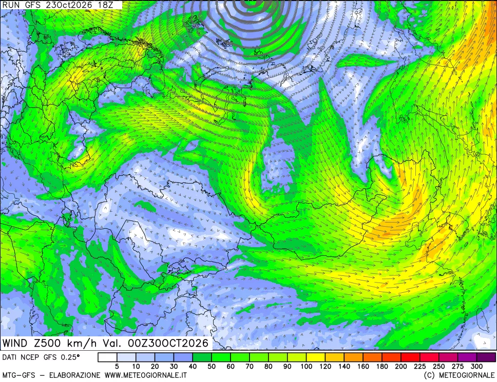 mappa 500 hPa Vento forza e direzione