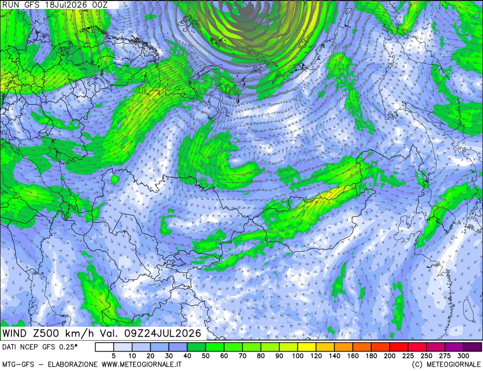 mappa 500 hPa Vento forza e direzione