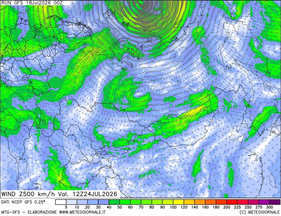 mappa 500 hPa Vento forza e direzione