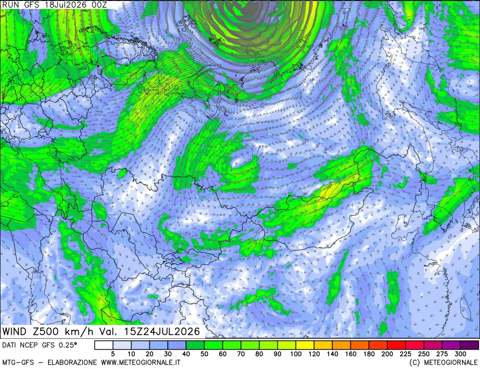 mappa 500 hPa Vento forza e direzione