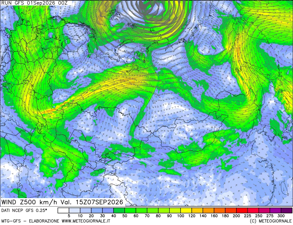 mappa 500 hPa Vento forza e direzione