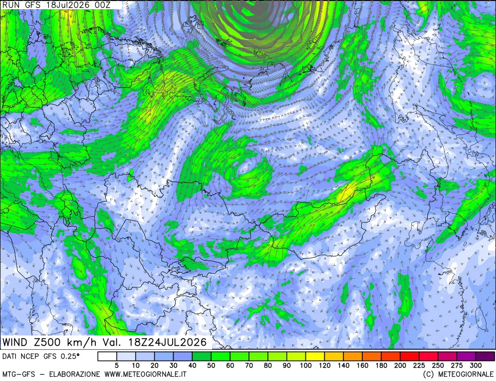 mappa 500 hPa Vento forza e direzione