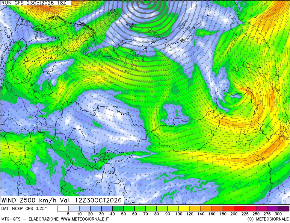 mappa 500 hPa Vento forza e direzione