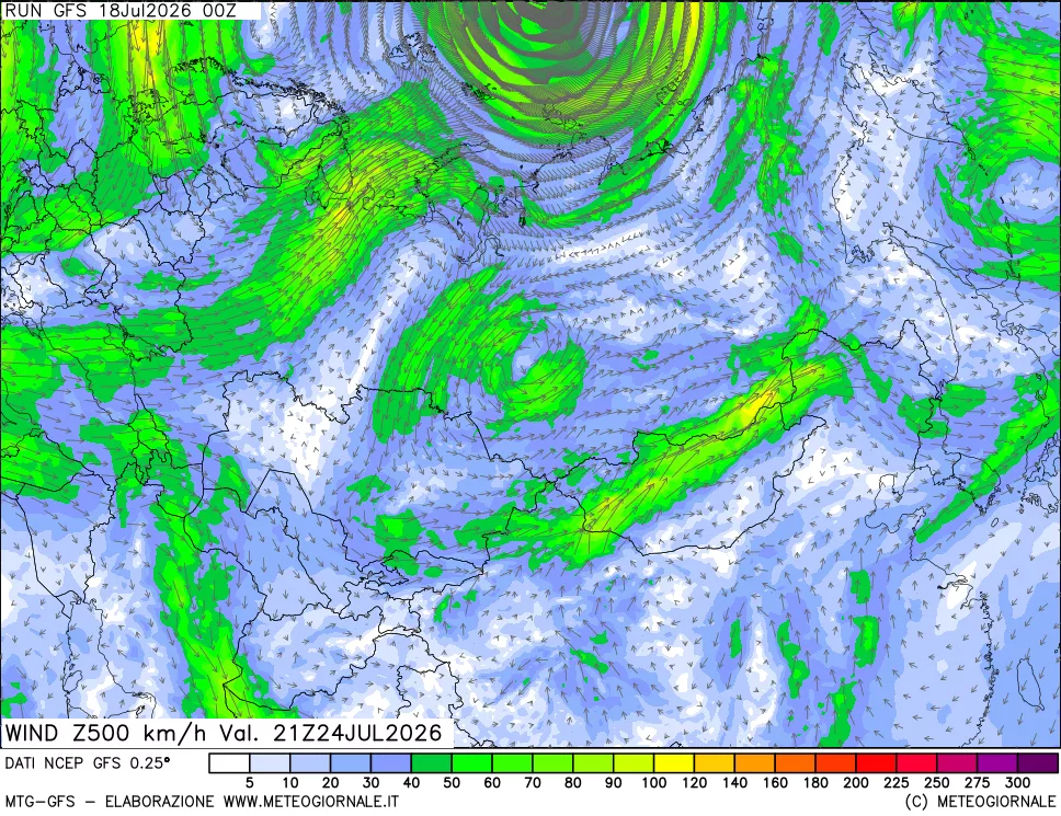 mappa 500 hPa Vento forza e direzione