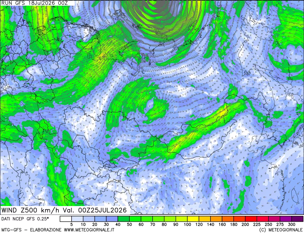 mappa 500 hPa Vento forza e direzione