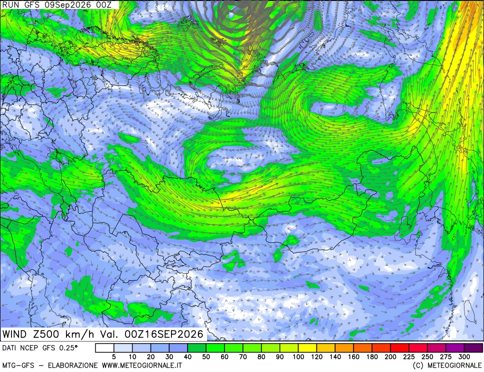 mappa 500 hPa Vento forza e direzione