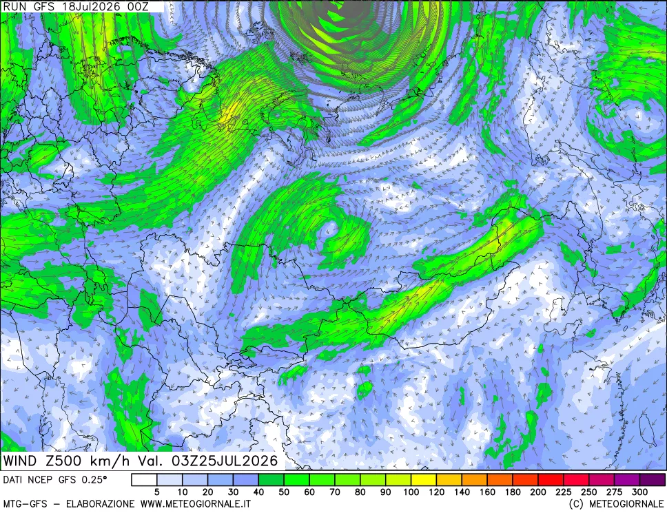 mappa 500 hPa Vento forza e direzione