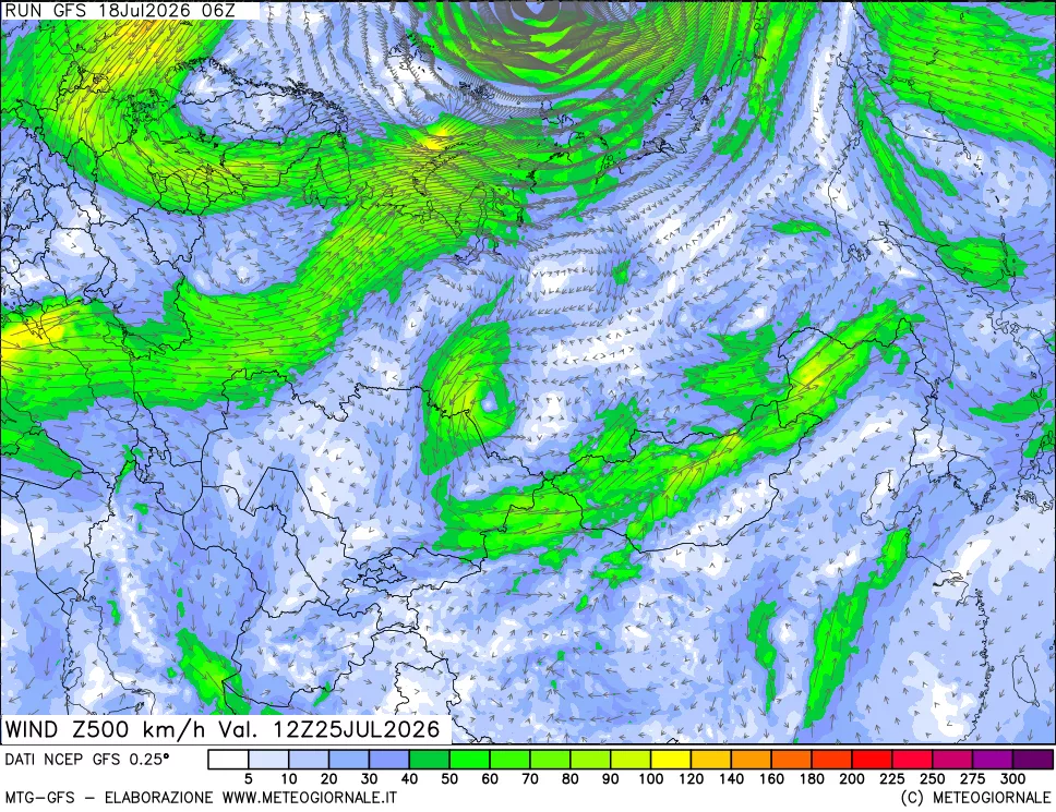 mappa 500 hPa Vento forza e direzione