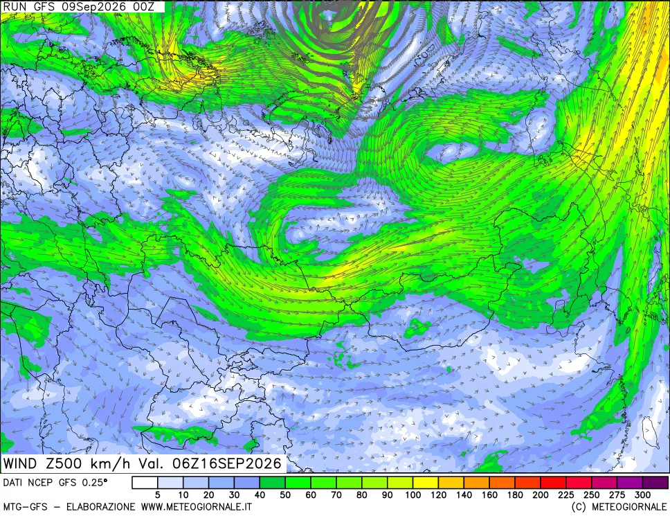 mappa 500 hPa Vento forza e direzione