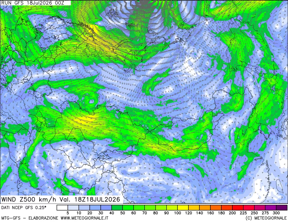 mappa 500 hPa Vento forza e direzione