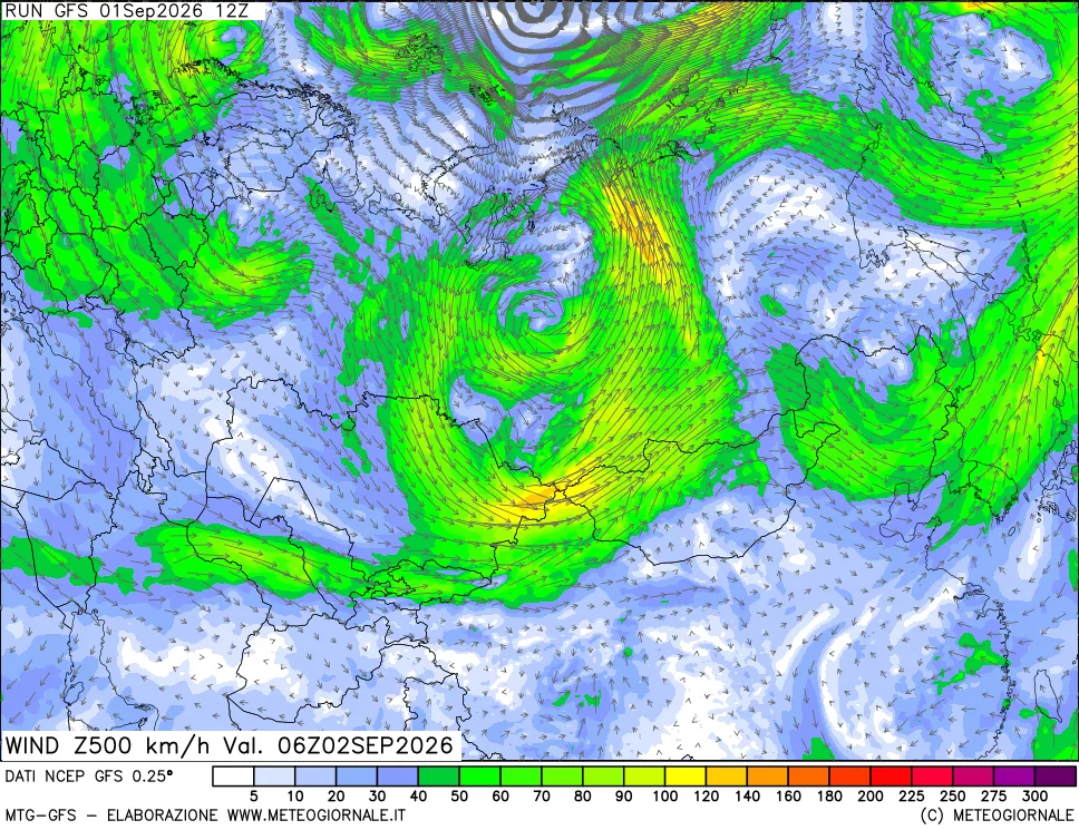 mappa 500 hPa Vento forza e direzione