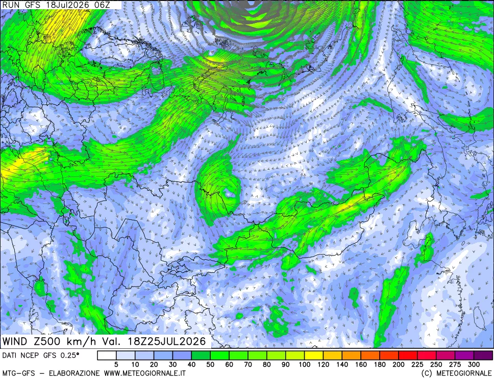mappa 500 hPa Vento forza e direzione