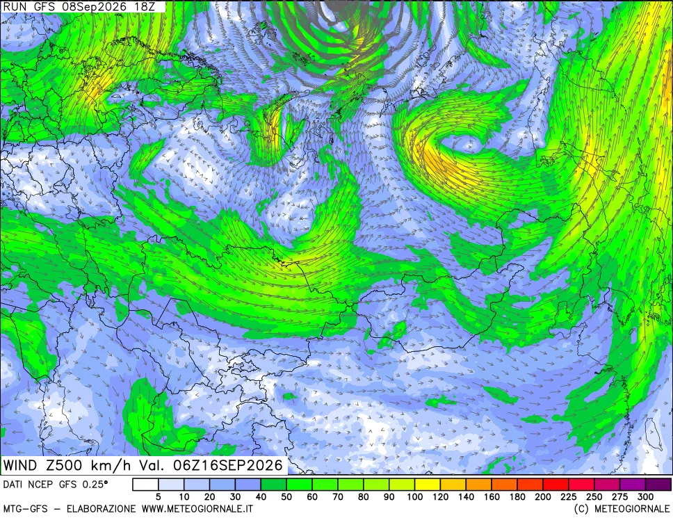 mappa 500 hPa Vento forza e direzione