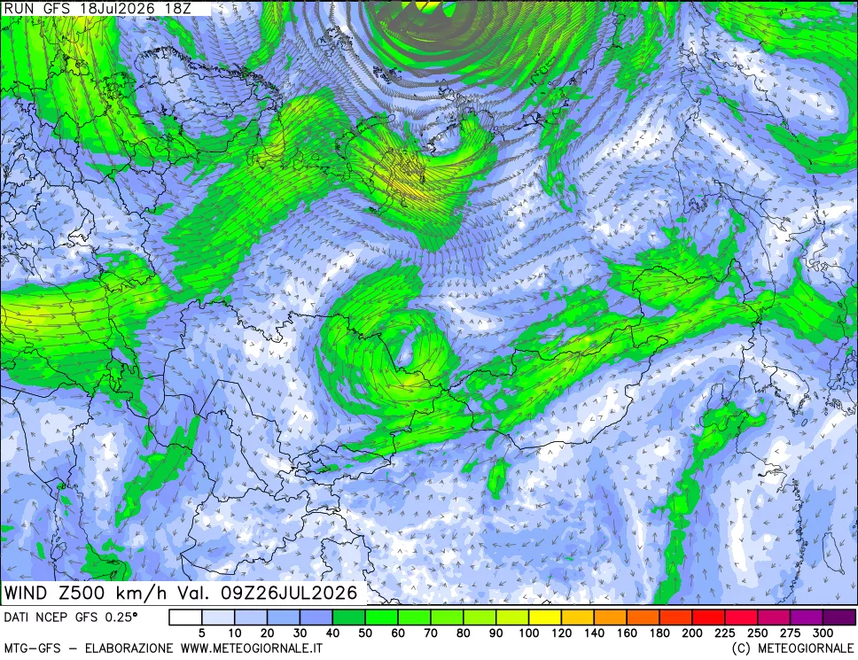 mappa 500 hPa Vento forza e direzione