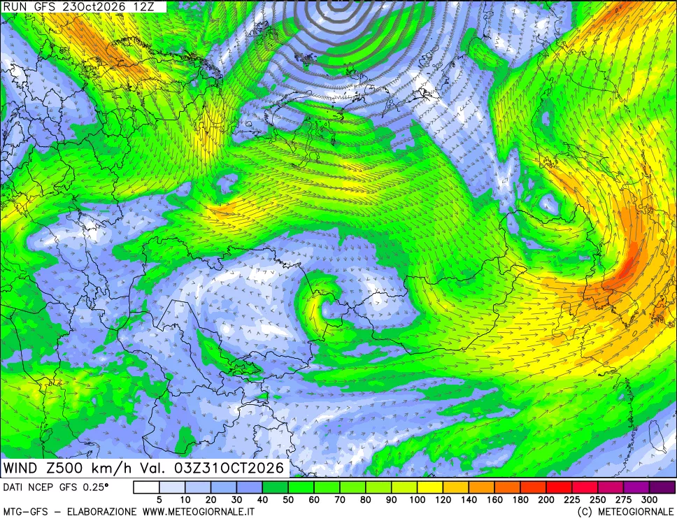 mappa 500 hPa Vento forza e direzione