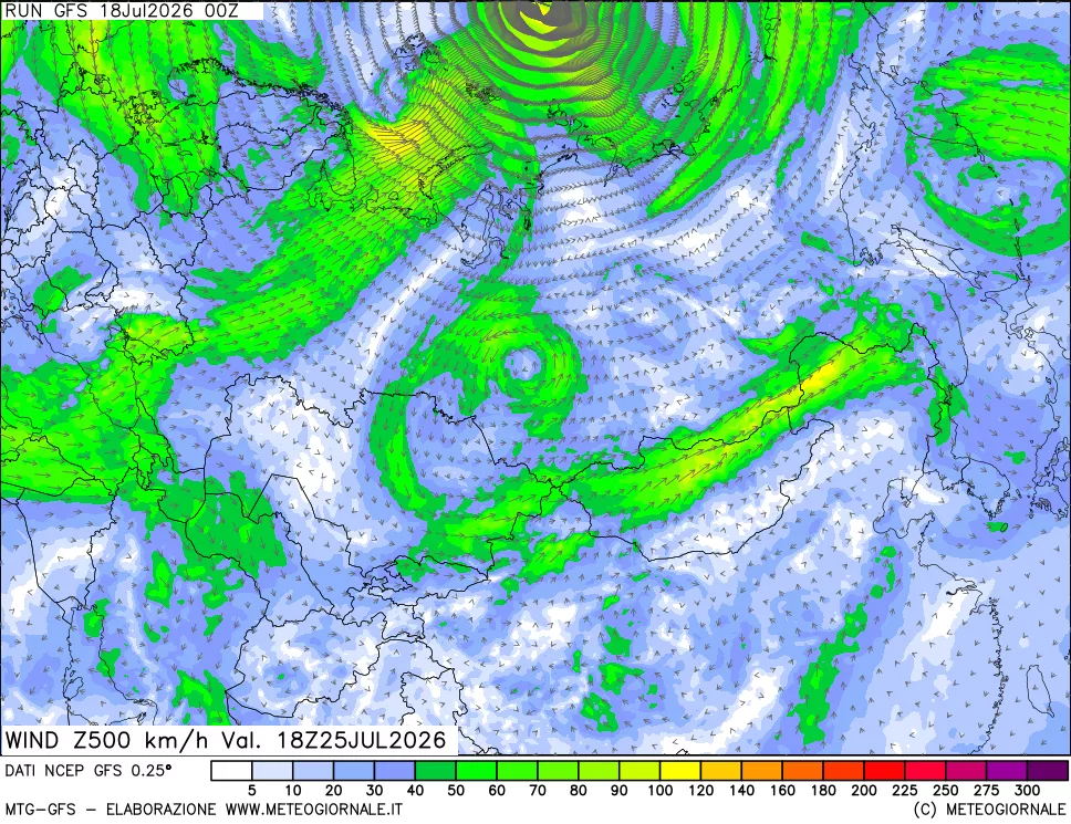 mappa 500 hPa Vento forza e direzione