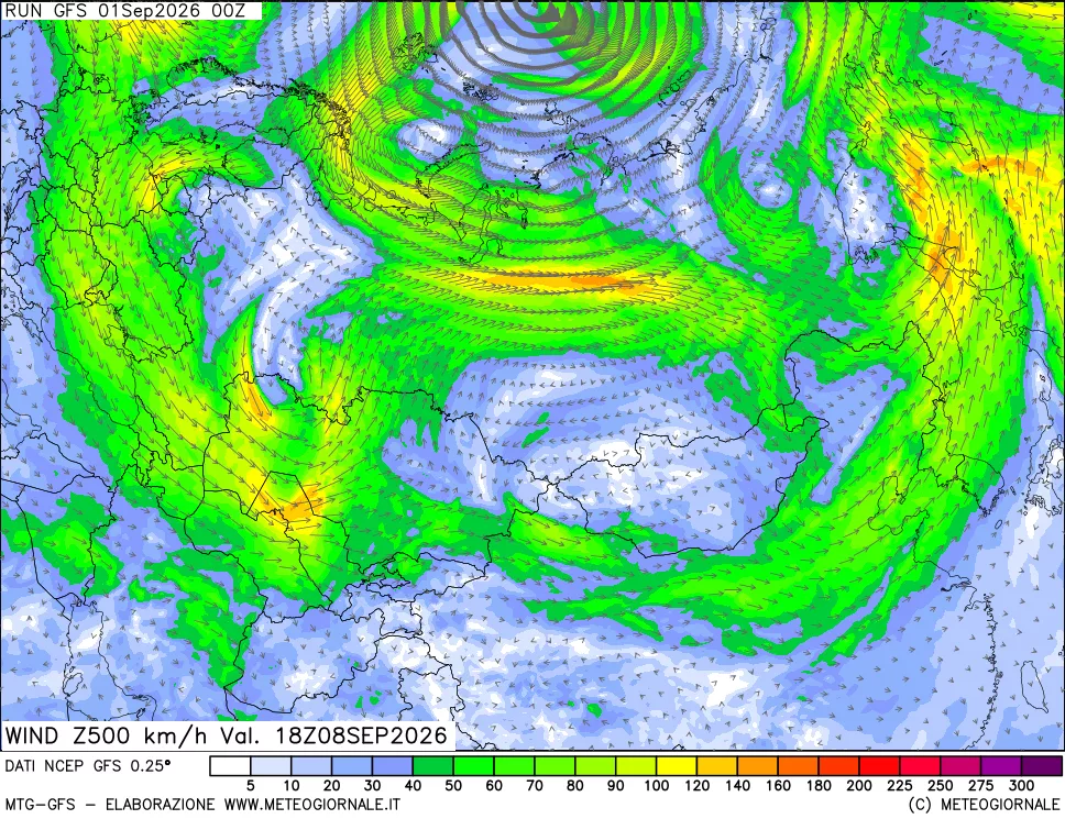 mappa 500 hPa Vento forza e direzione