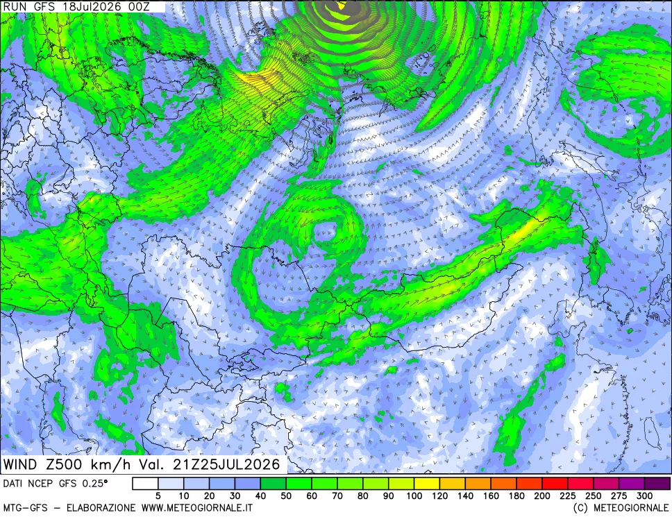 mappa 500 hPa Vento forza e direzione