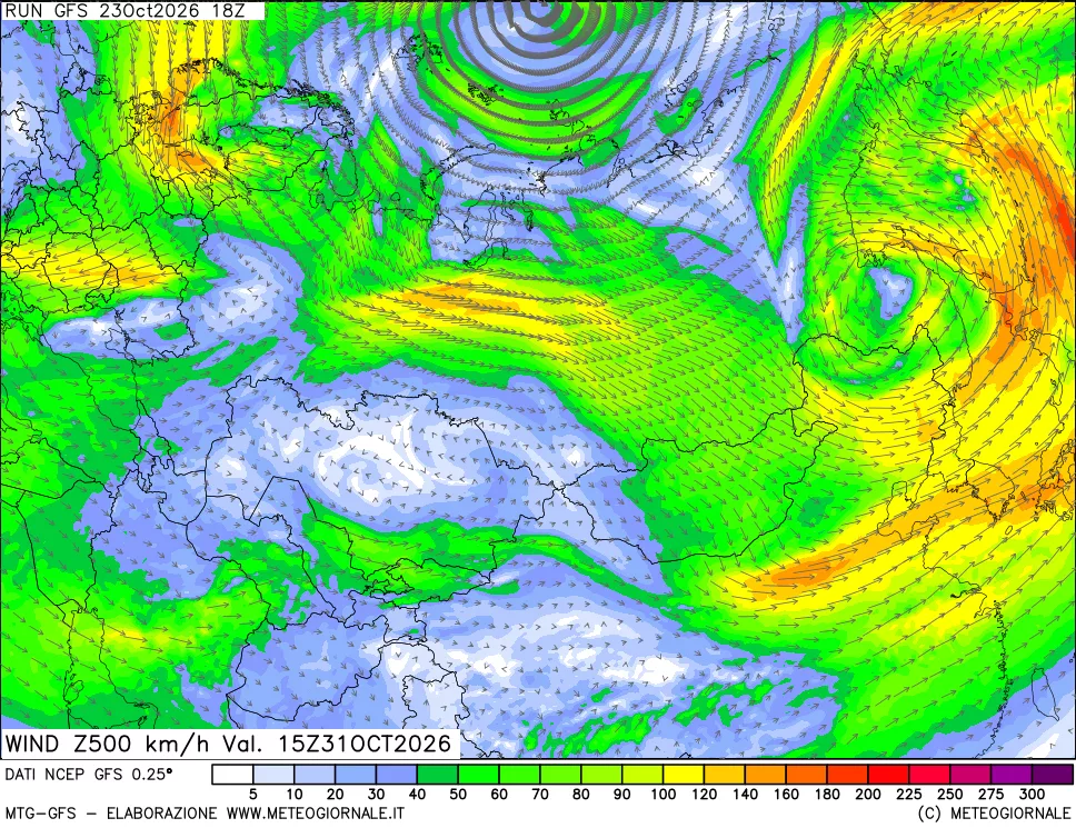 mappa 500 hPa Vento forza e direzione