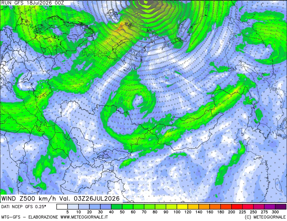mappa 500 hPa Vento forza e direzione