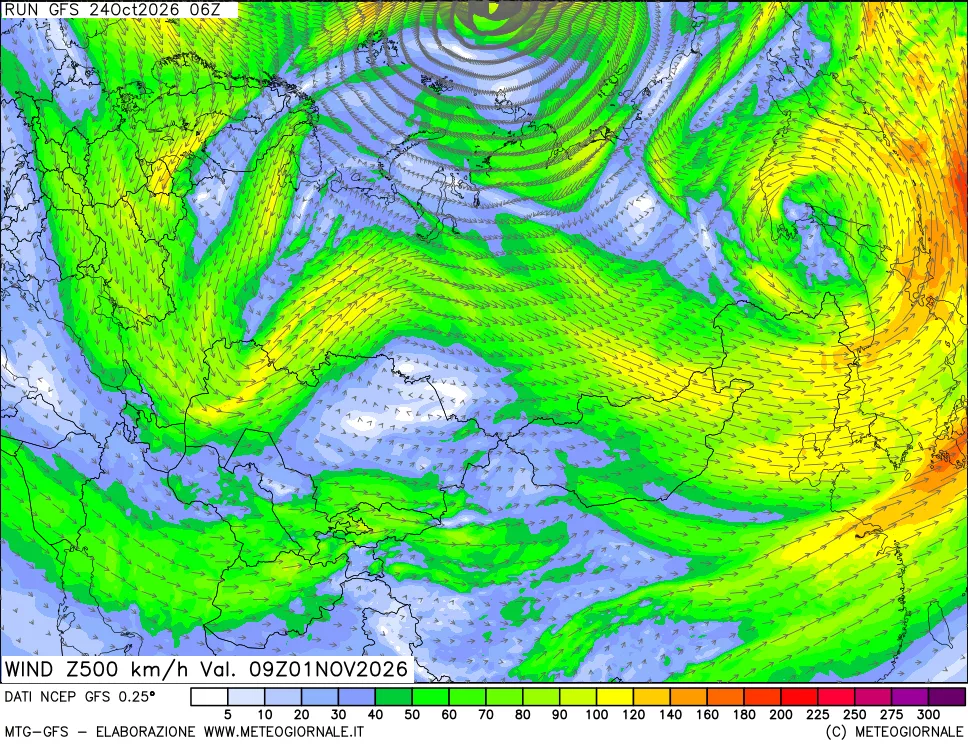 mappa 500 hPa Vento forza e direzione