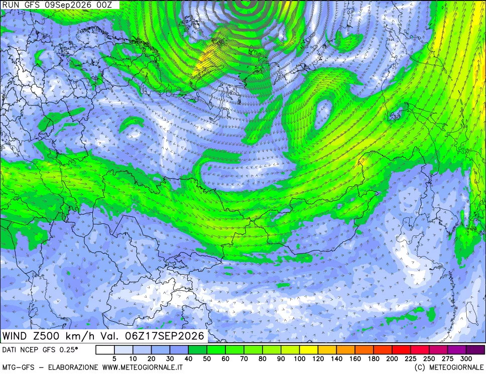mappa 500 hPa Vento forza e direzione