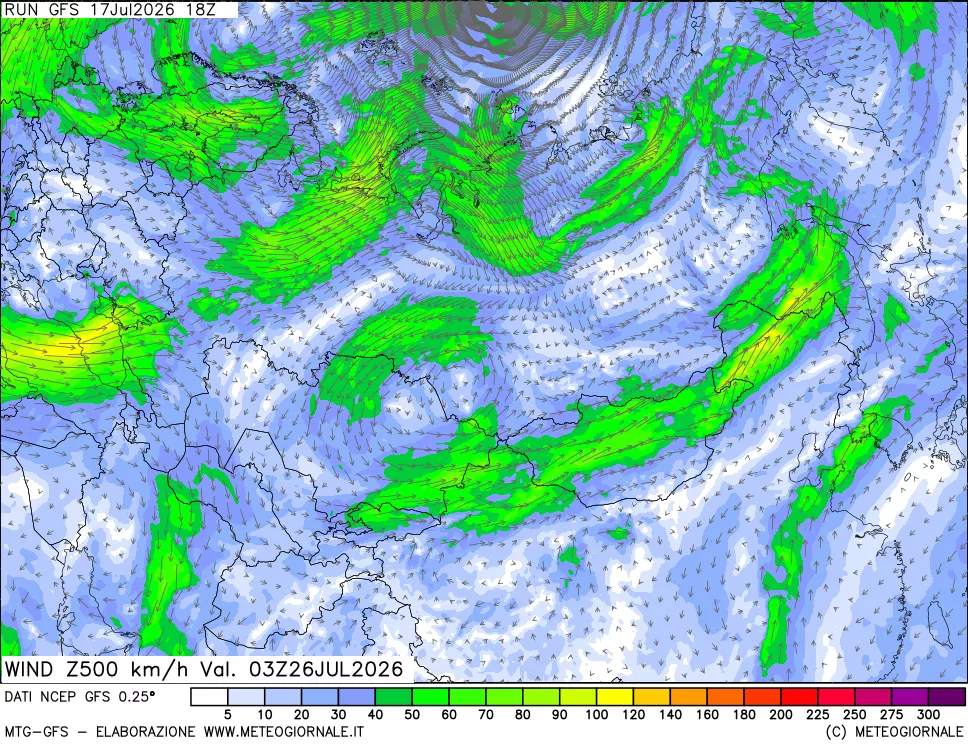 mappa 500 hPa Vento forza e direzione