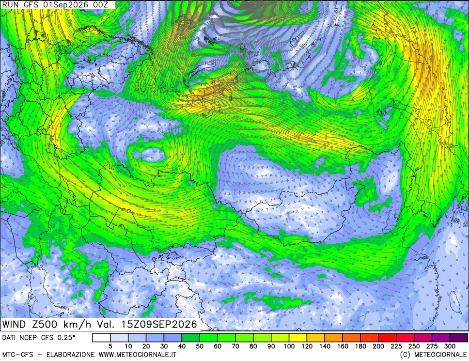 mappa 500 hPa Vento forza e direzione