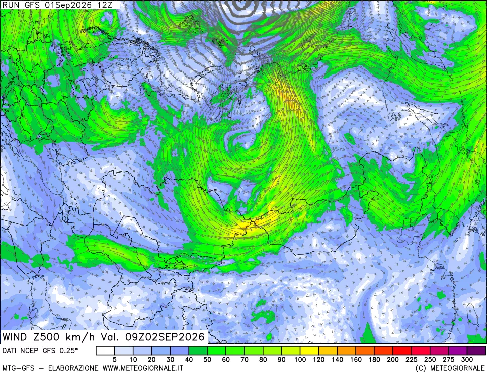 mappa 500 hPa Vento forza e direzione