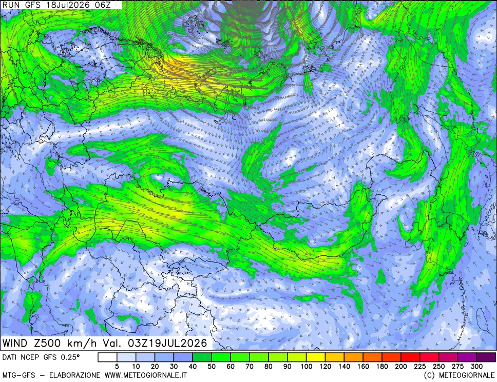 mappa 500 hPa Vento forza e direzione