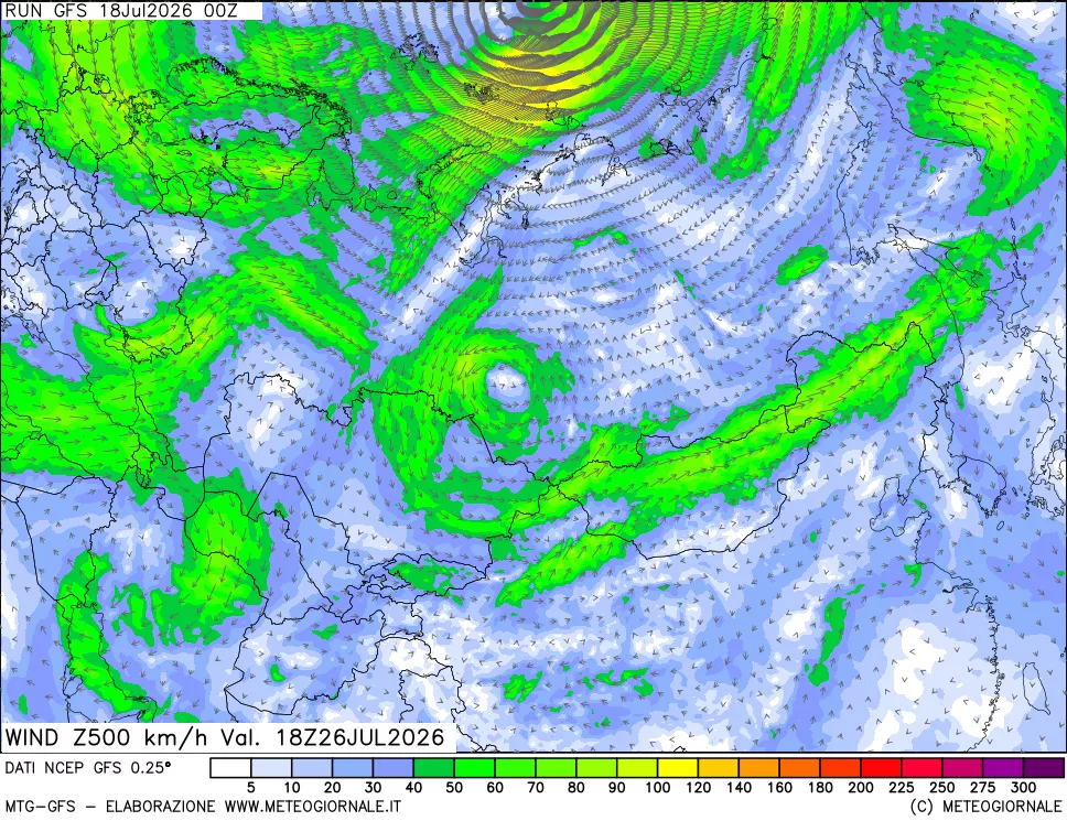 mappa 500 hPa Vento forza e direzione