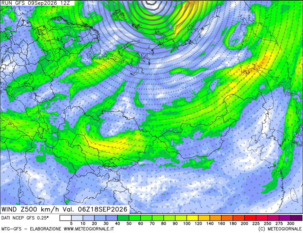 mappa 500 hPa Vento forza e direzione